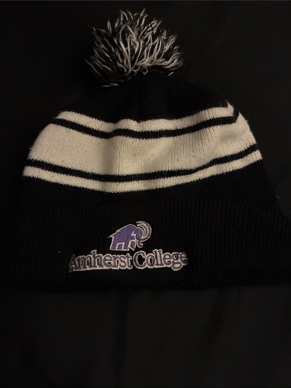 Amherst College Mammoths Knit Pom Cuffed Beanie Winter Hat Black White Purple